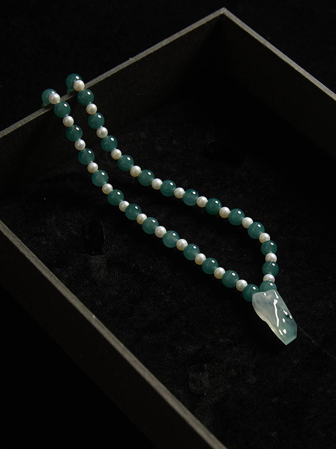 Forest Collection - Natural Blue Jadeite Necklace with Pearl Beads