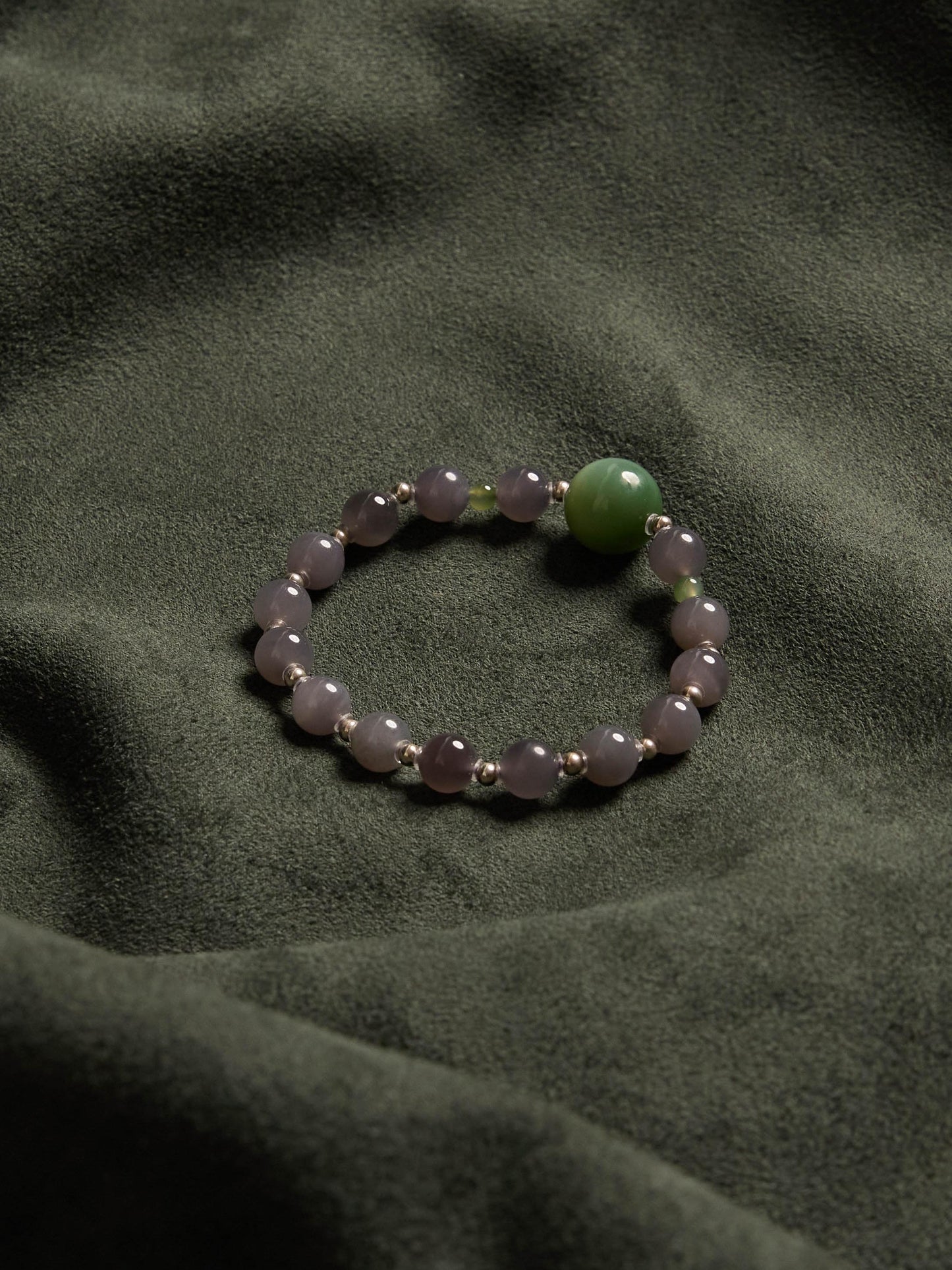 Smoke - Natural Purple Hetian Jade Bracelet with Green Cat's Eye Beads