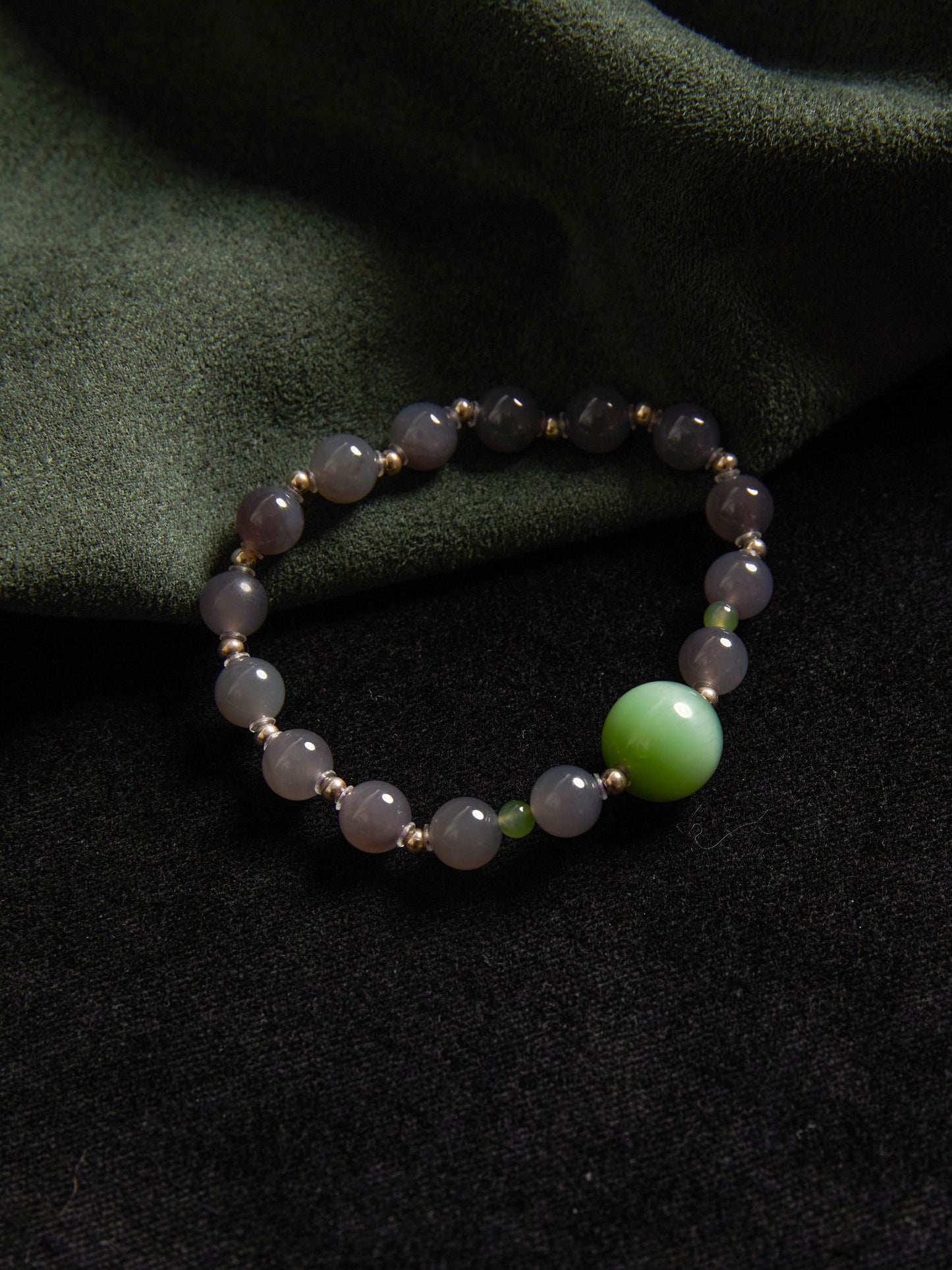 Smoke - Natural Purple Hetian Jade Bracelet with Green Cat's Eye Beads