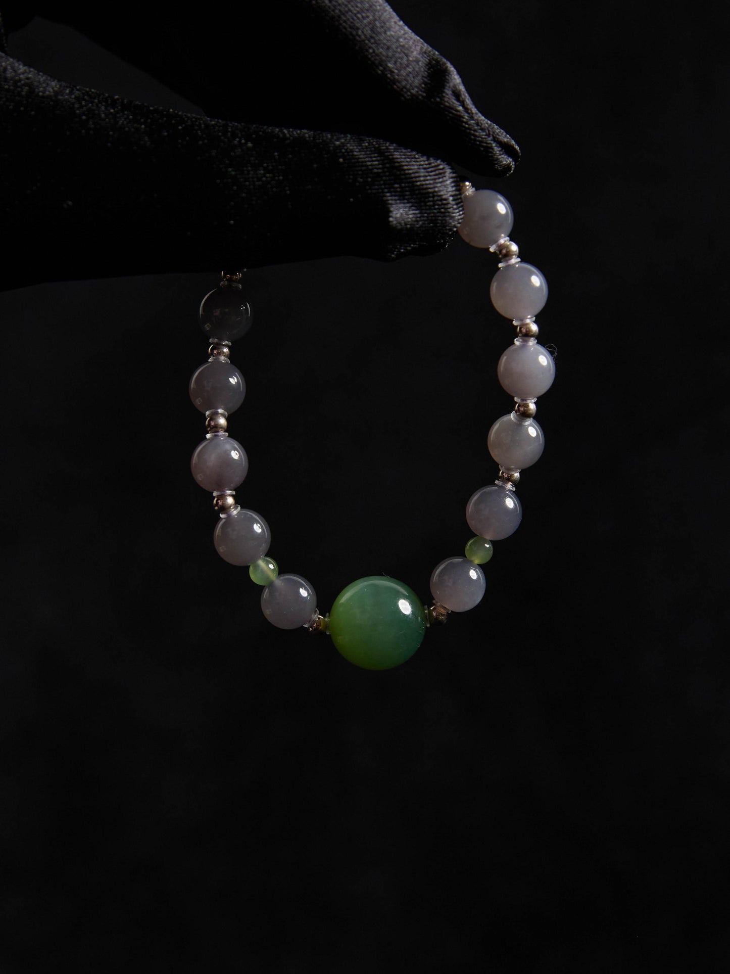 Smoke - Natural Purple Hetian Jade Bracelet with Green Cat's Eye Beads