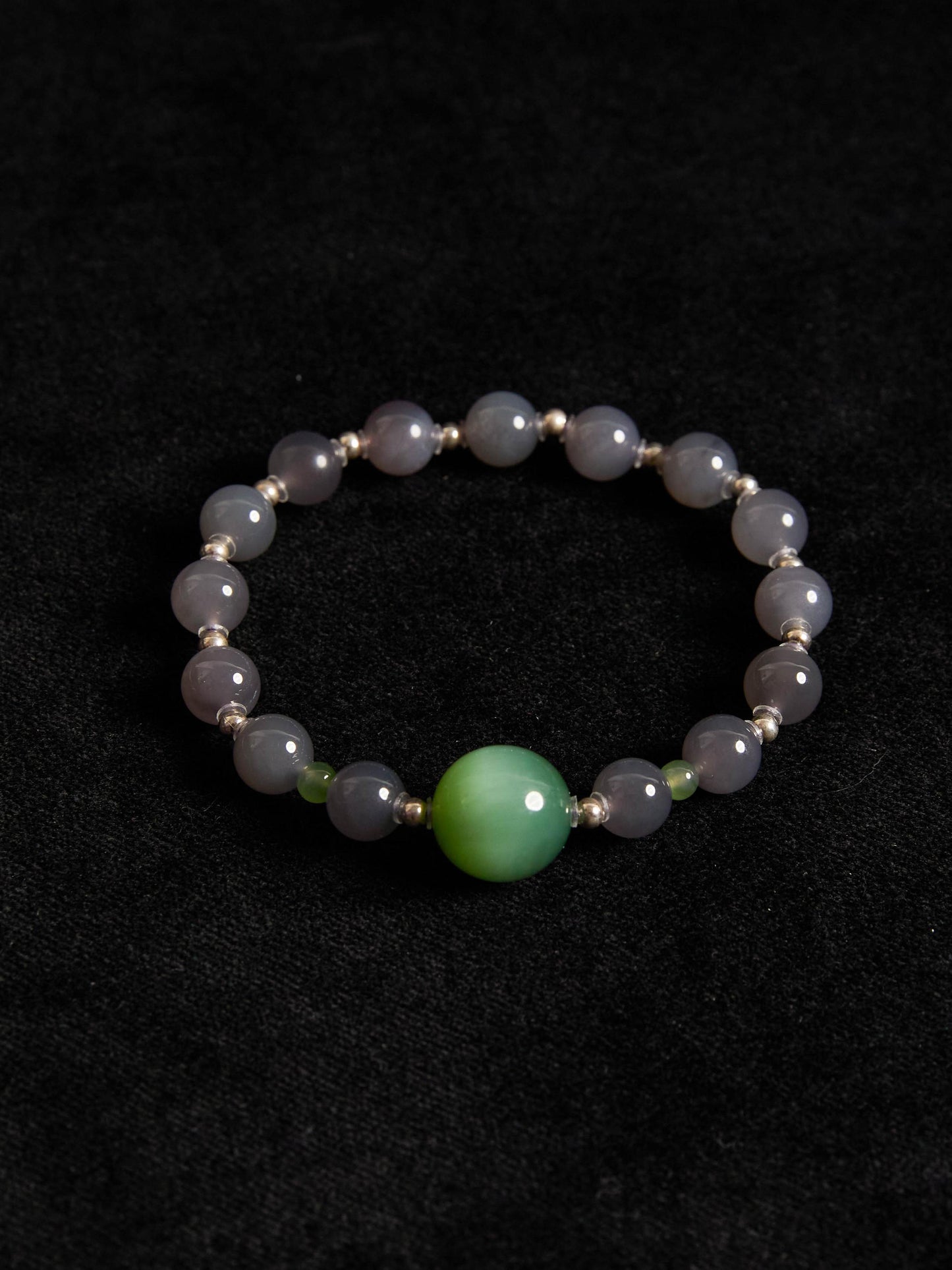 Smoke - Natural Purple Hetian Jade Bracelet with Green Cat's Eye Beads