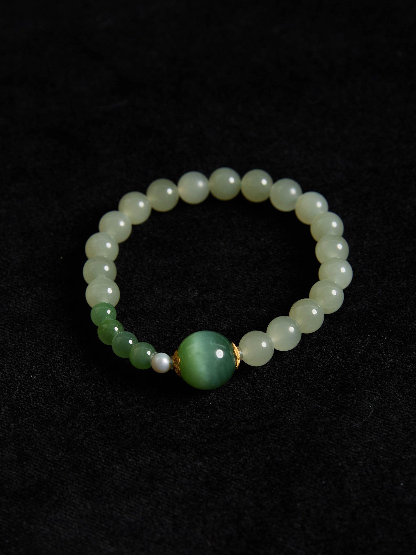 Forest Collection - Natural Cat Eye Jade Bracelet with Gold Beads