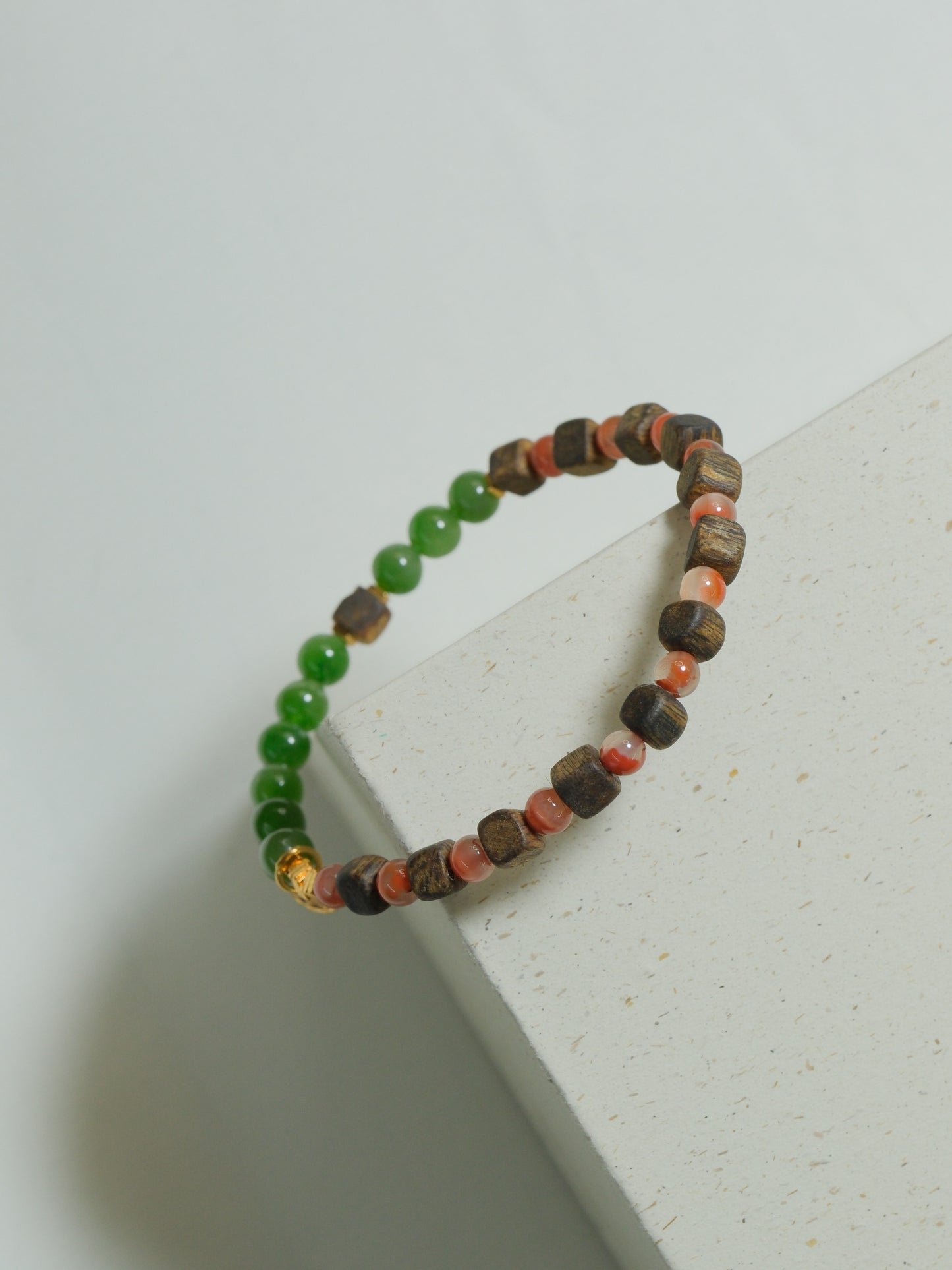 Wood Collection - Natural Green Jade  Wood Beaded Bracelet