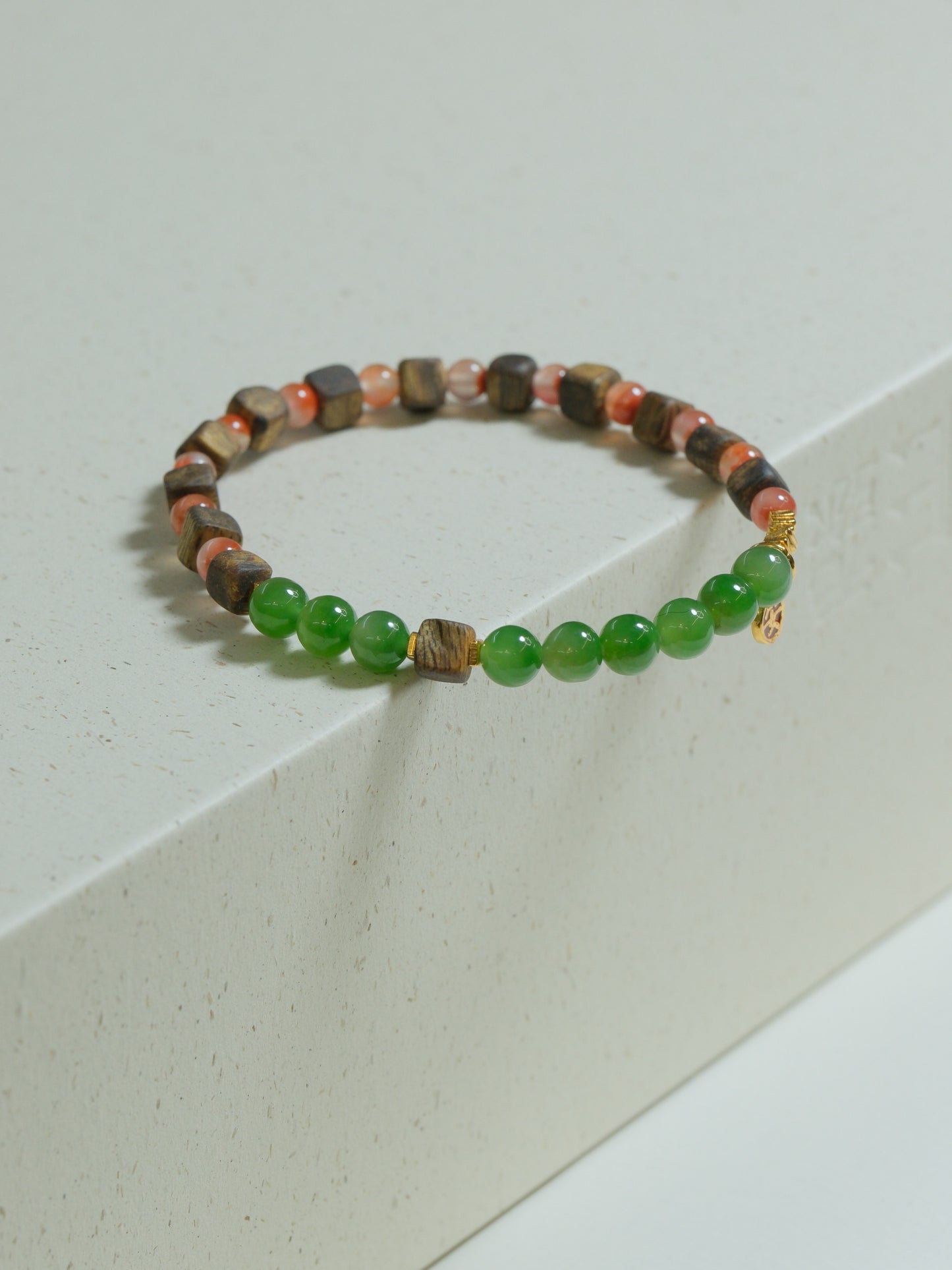 Wood Collection - Natural Green Jade  Wood Beaded Bracelet