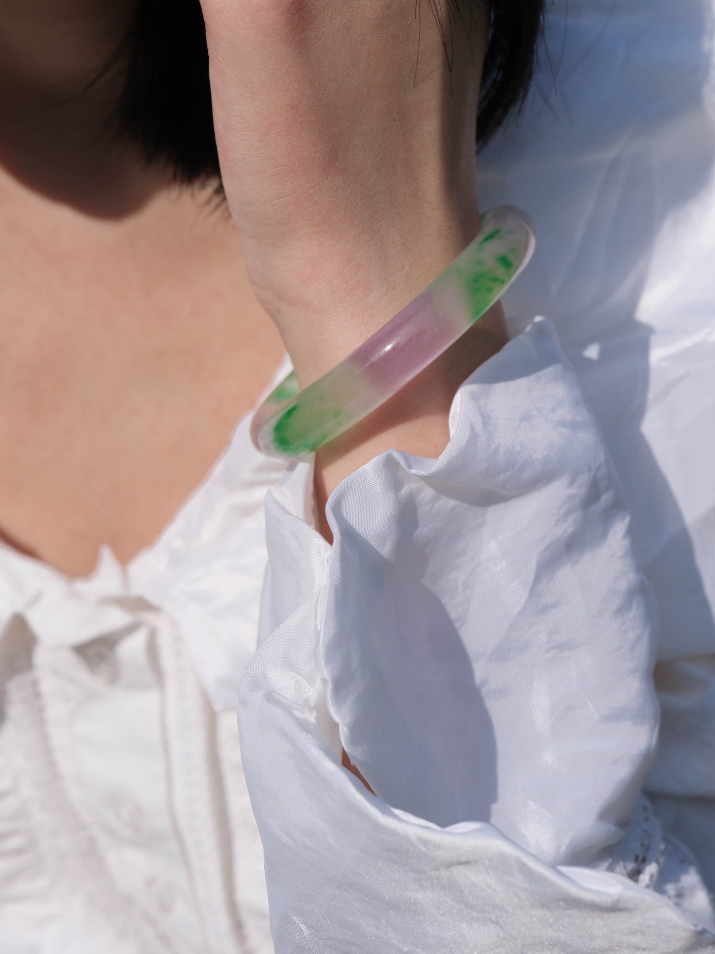 Blur-Natural Green and Purple Floating Flower Jade Bangle - Zhulry