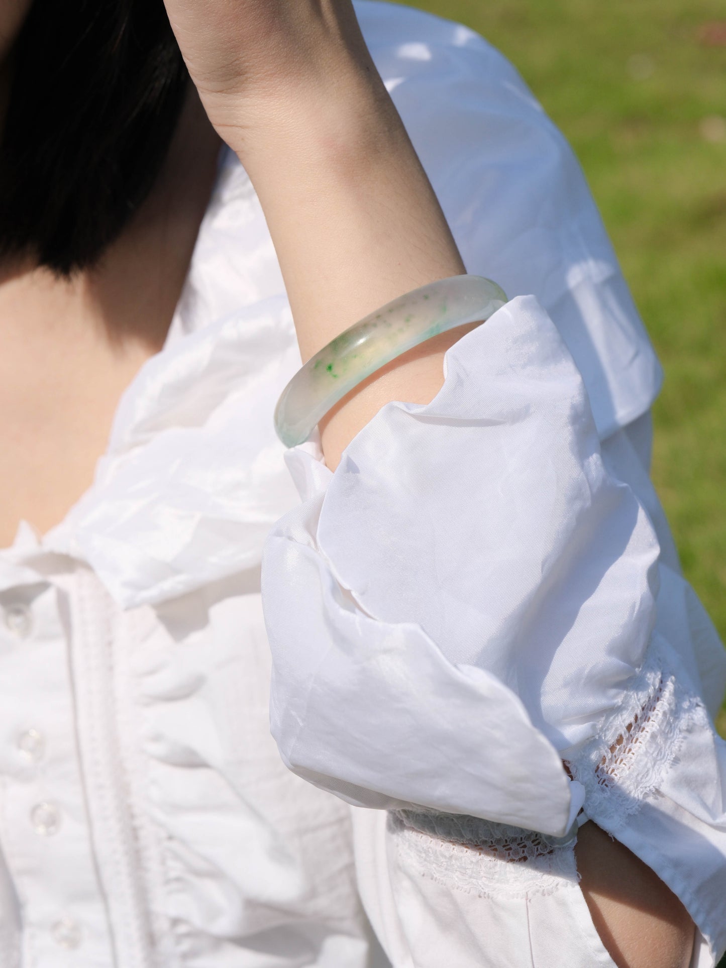 Floating-Natural Green Floating Flowers Jade Bangle - Zhulry