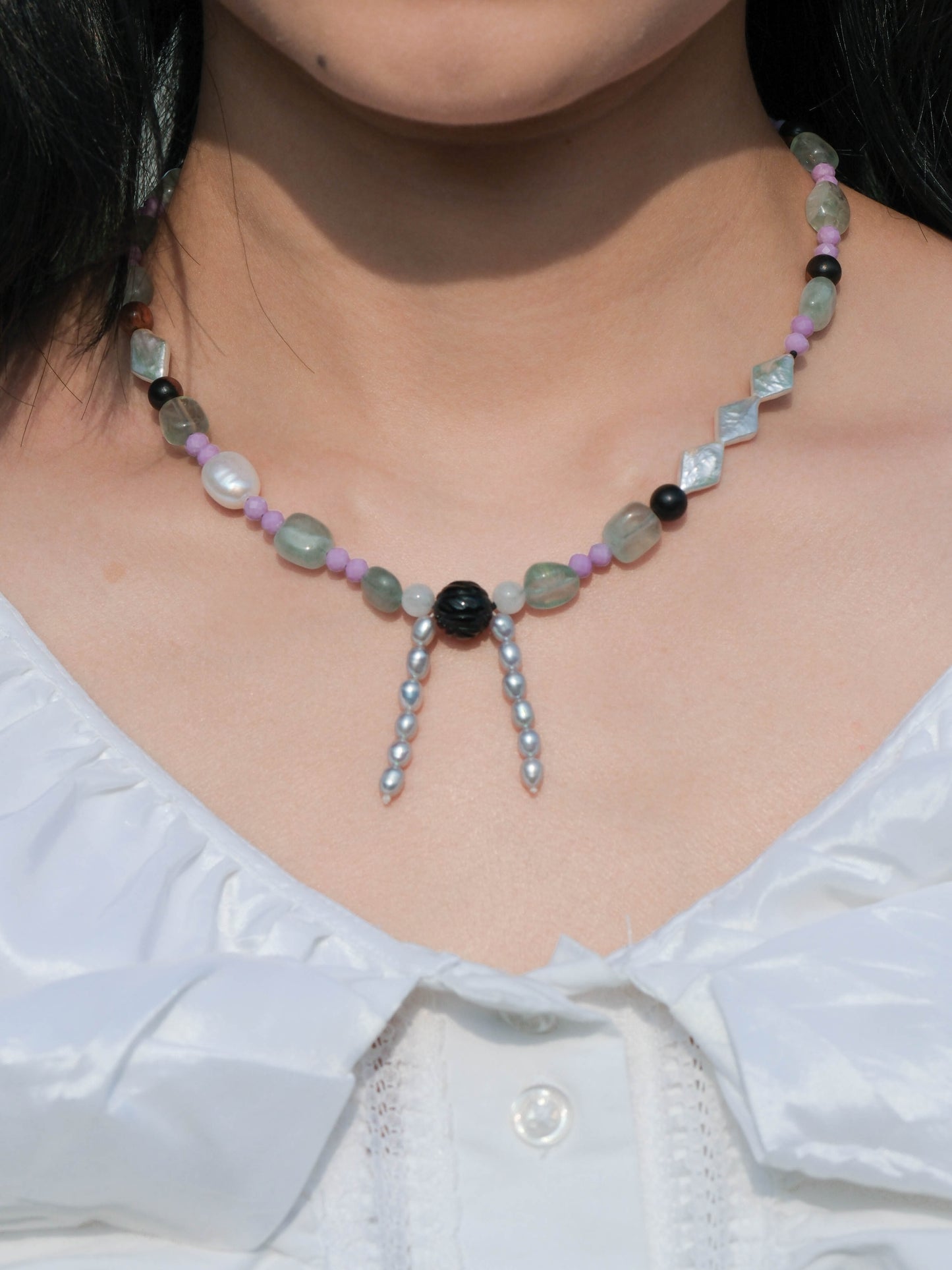 Stone-Black Agate Green Fluorite Pearl Beaded Necklace - Zhulry