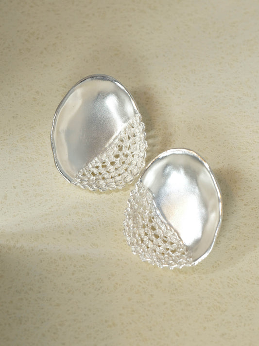 Braid-Ethnic Woven Silver Earrings with Shell Plate Design