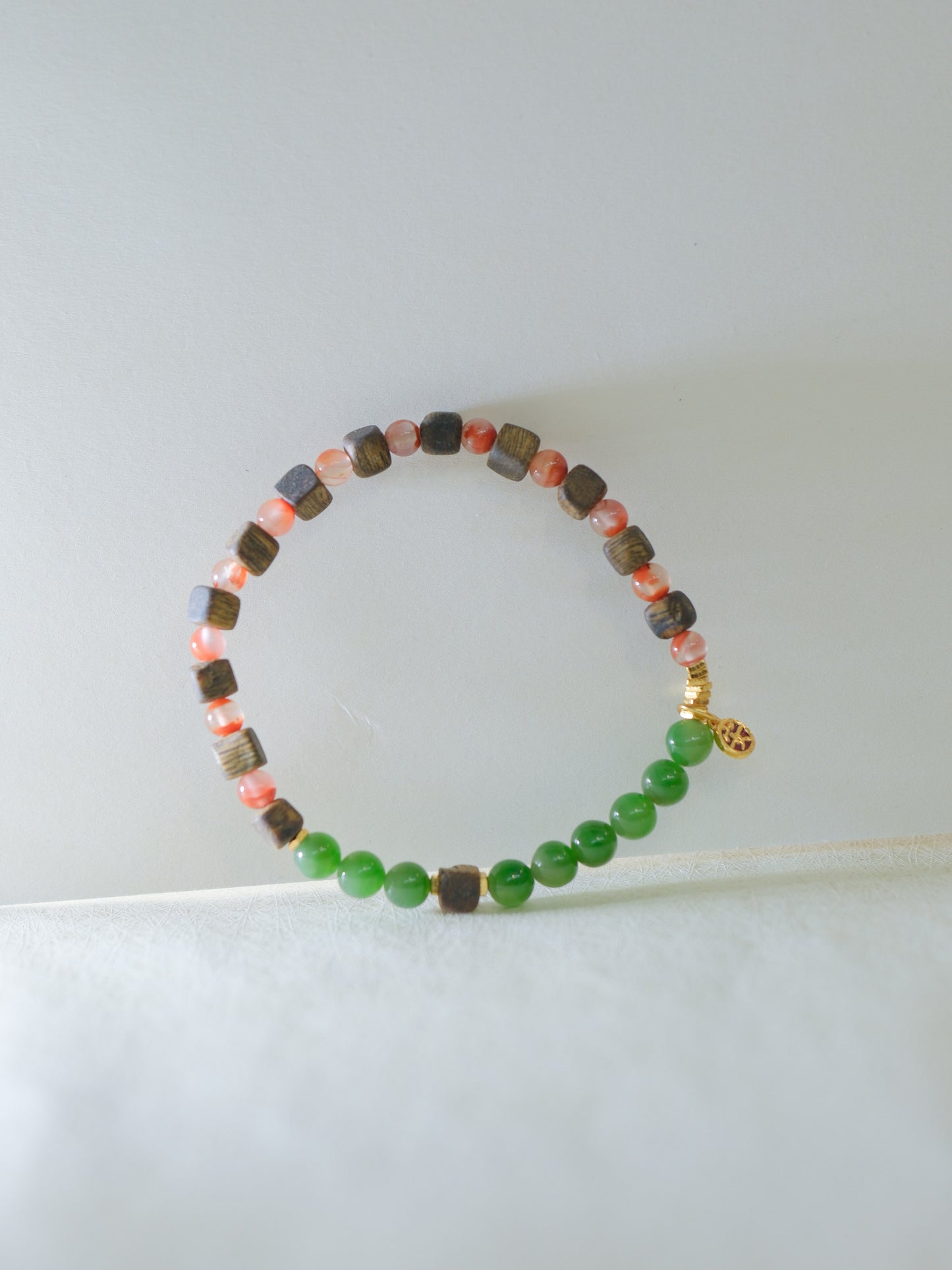 Wood Collection - Natural Green Jade  Wood Beaded Bracelet