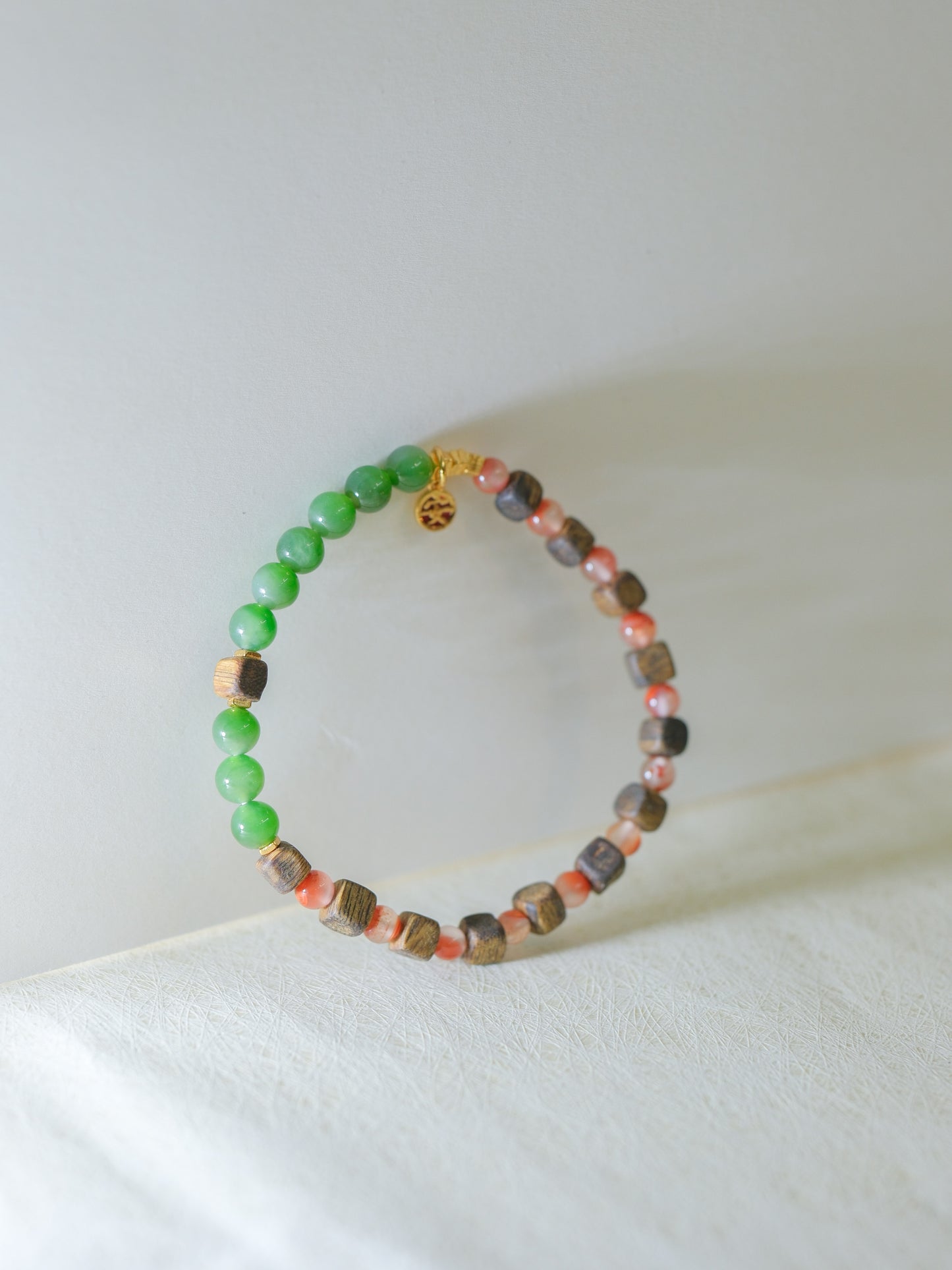 Wood Collection - Natural Green Jade  Wood Beaded Bracelet