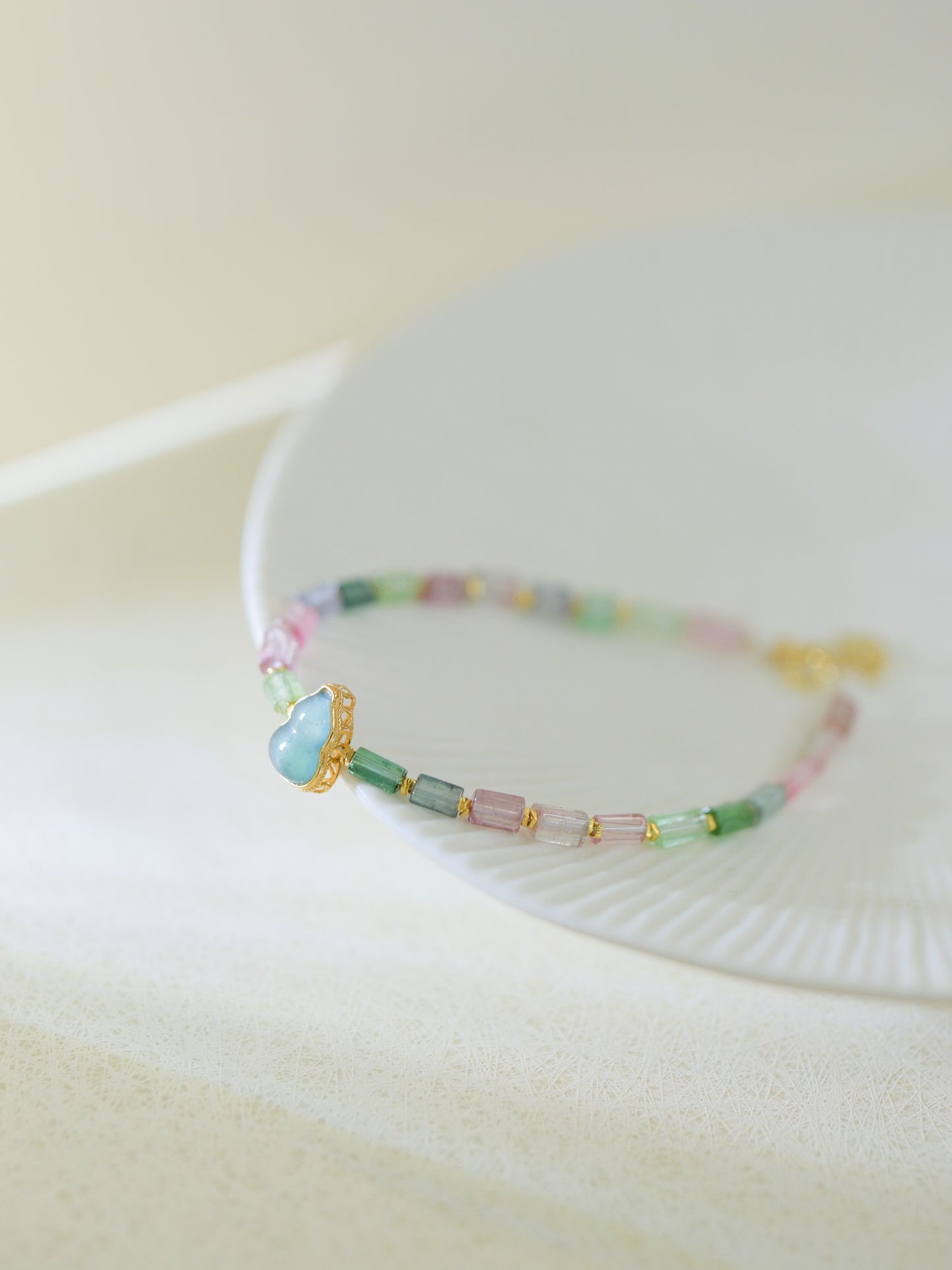 Colorful Square Tourmaline and Cat's Eye Gourd Bracelet