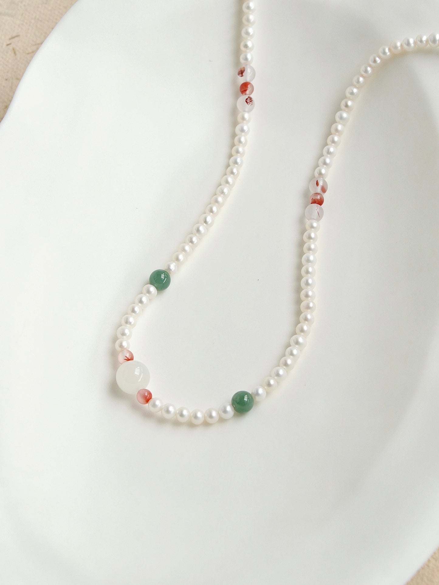 White jade and Blue Jadeite Hand Beaded Necklace