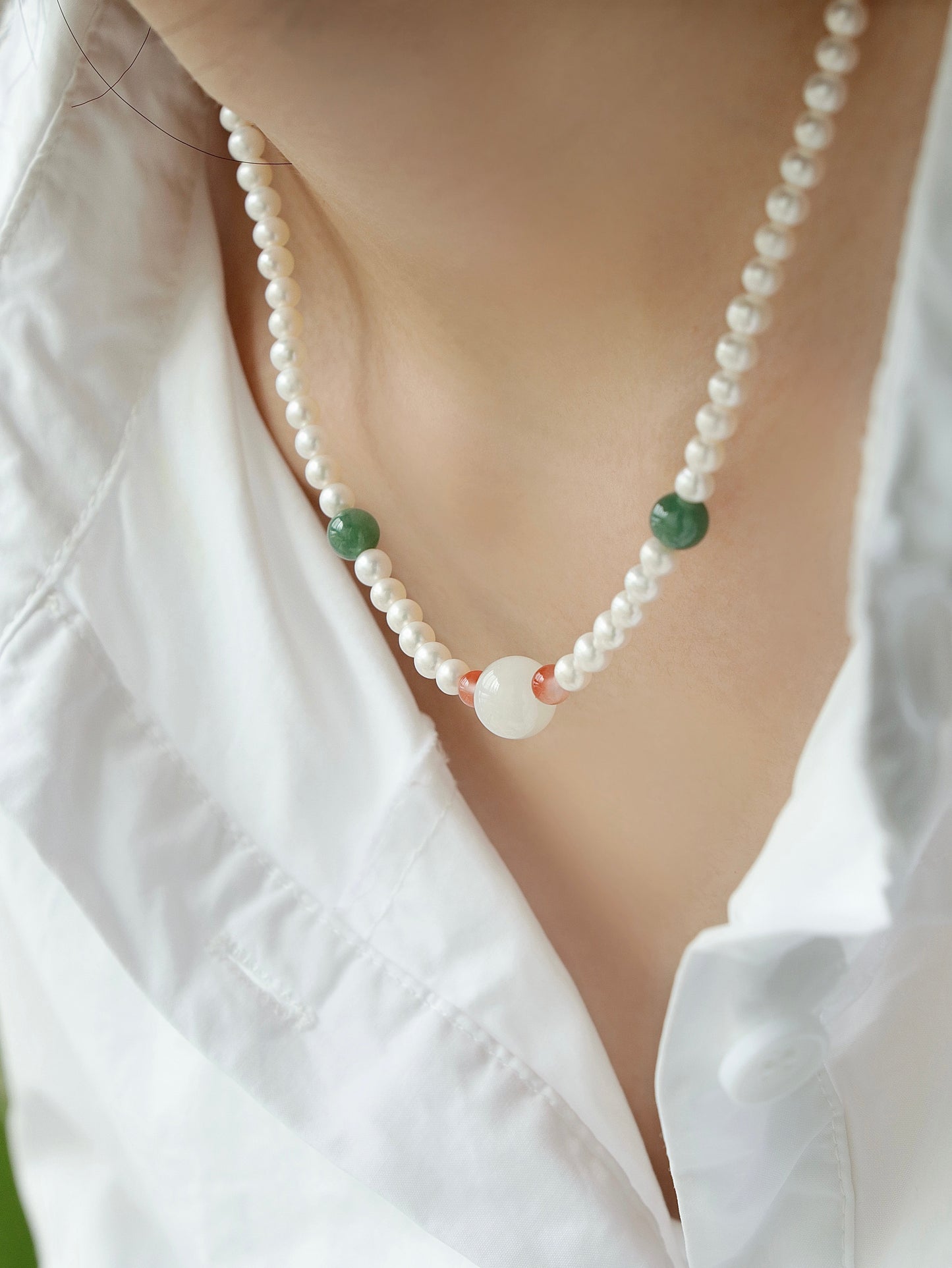 White jade and Blue Jadeite Hand Beaded Necklace