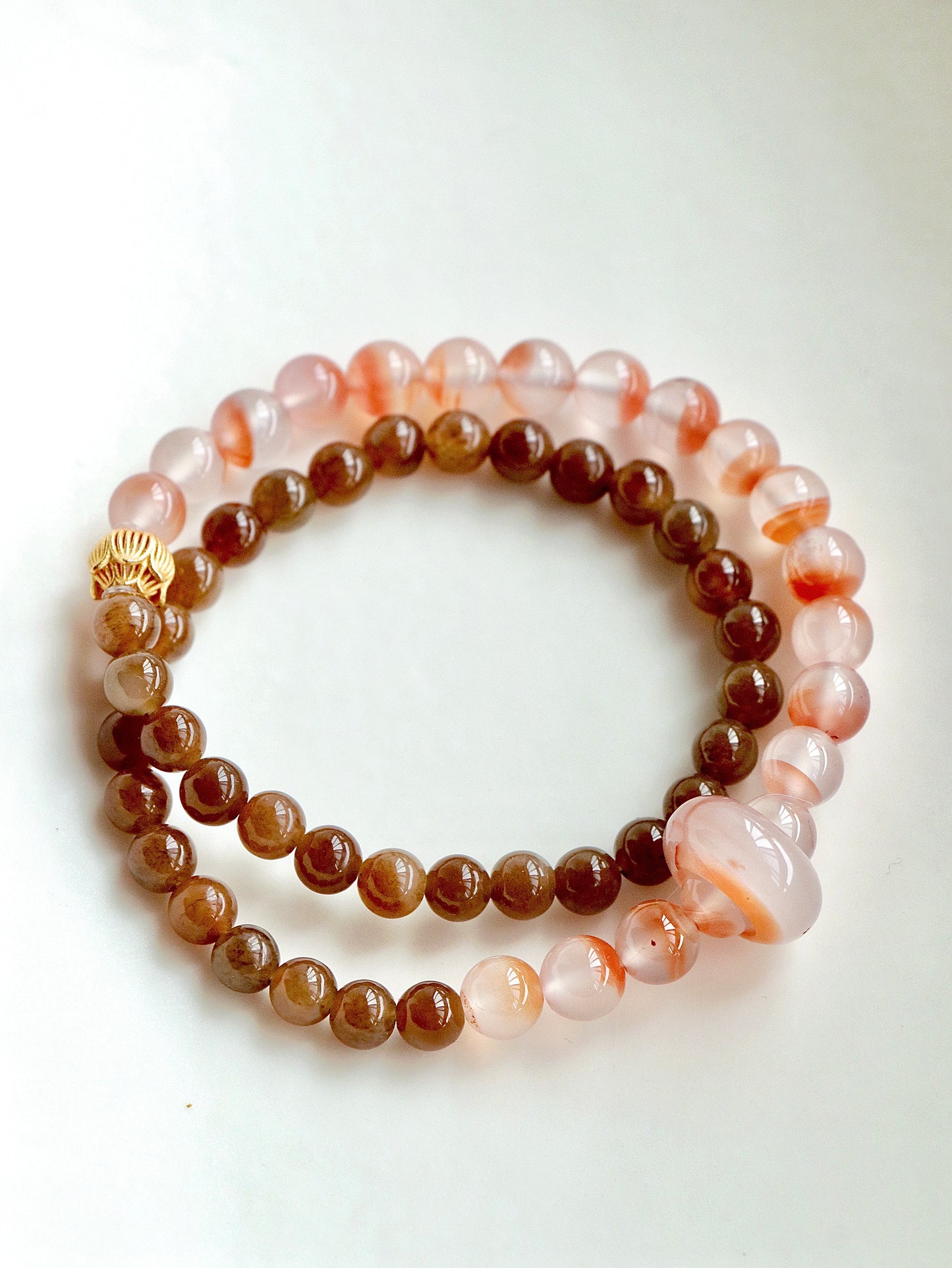 Lotus-Agate Maple Sugar Jade Gold Plated Double Circle Bracelet with Running Beads