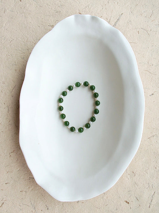 Emerald Green Jade Pearl Cross Beaded Bracelet