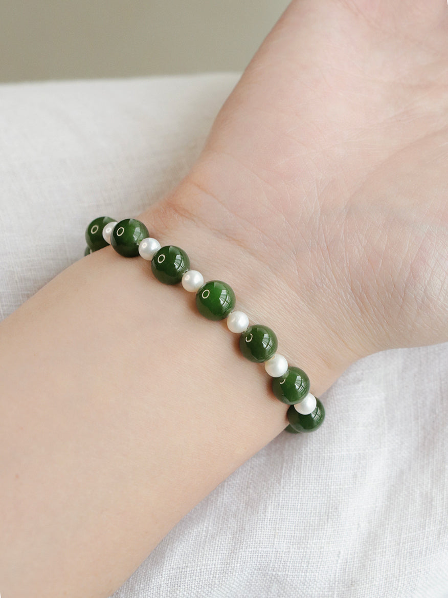 Emerald Green Jade Pearl Cross Beaded Bracelet